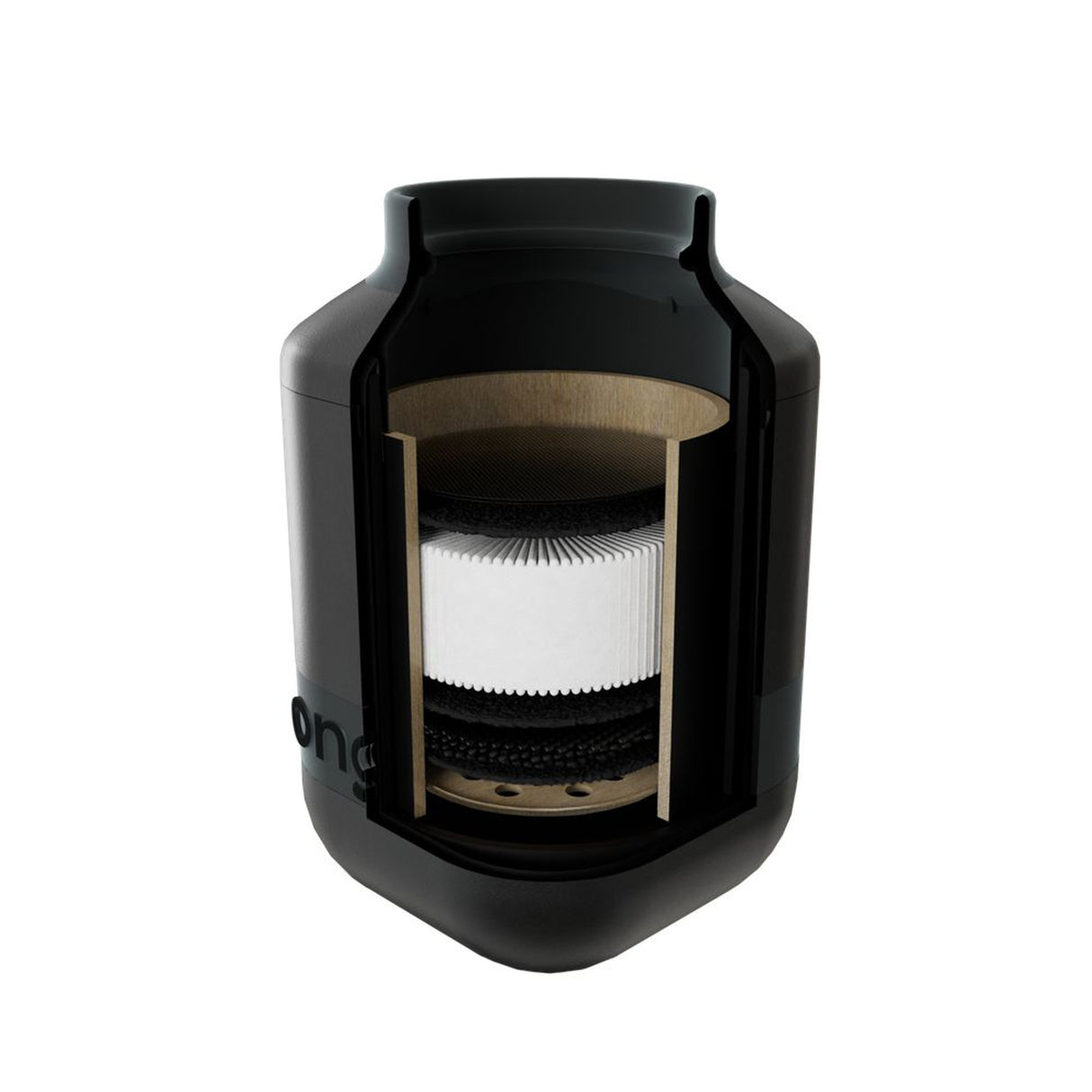 Degradable Personal Air Filter, a compact black cylinder with a white and black interior filter, designed to reduce secondhand smoke and odors efficiently.