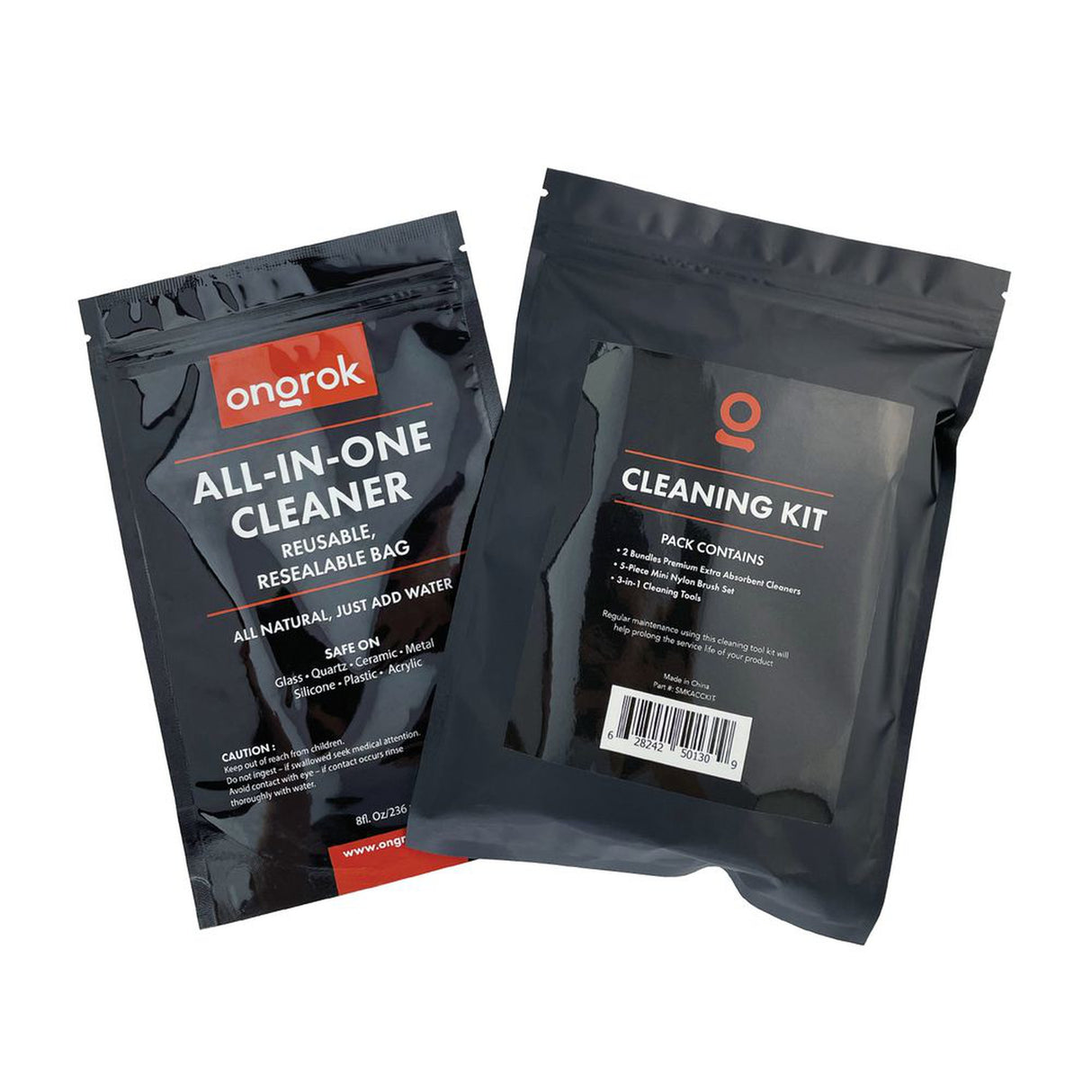 Mini Accessory Cleaning Brush Set featuring black bag with white and red text, includes pipe cleaners, nylon brushes, and tamper reamer for thorough cleaning.