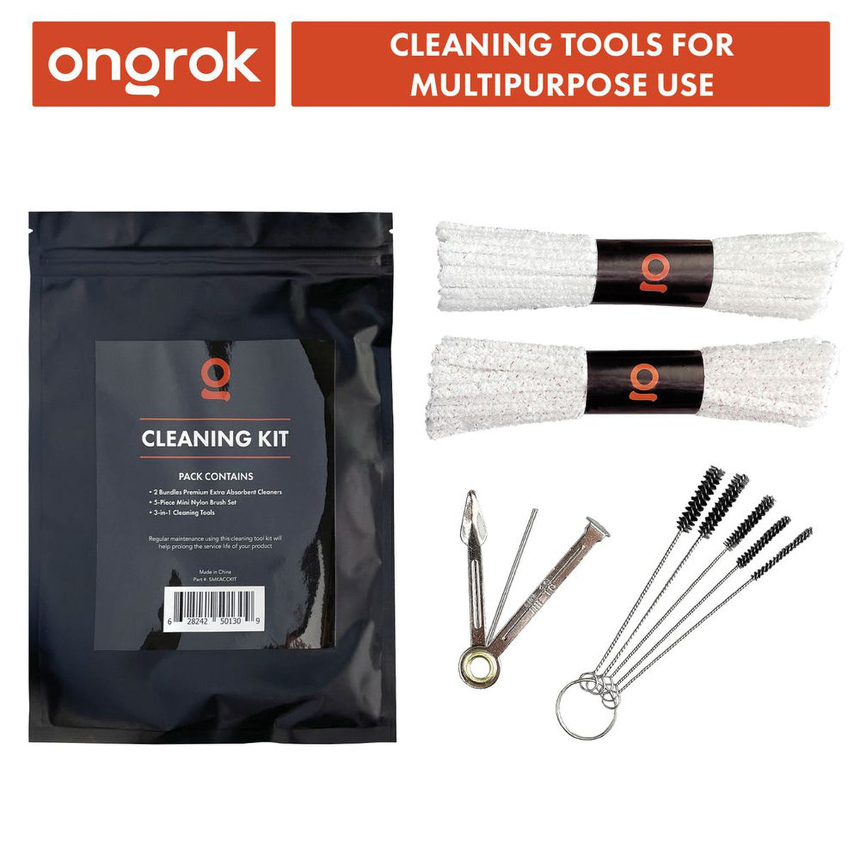 Mini Accessory Cleaning Brush Set featuring black bags, nylon brushes, and a 3-in-1 tamper reamer for thorough cleaning of smoking accessories.