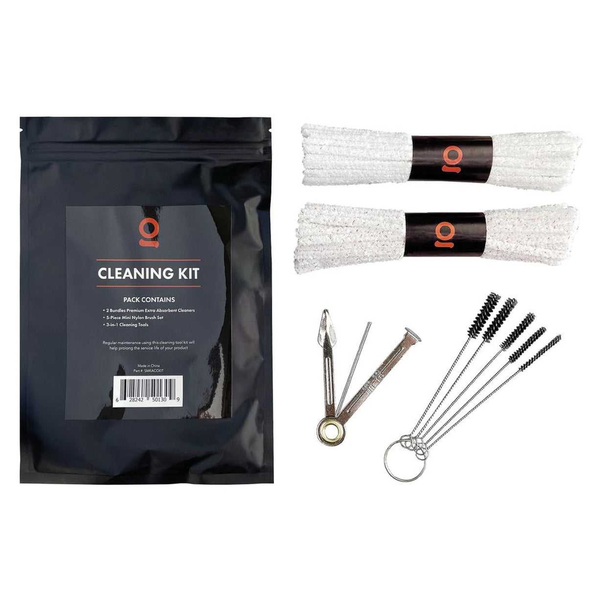 Mini Accessory Cleaning Brush Set featuring a black bag, cotton pipe cleaners, and nylon brushes. Perfect for maintaining smoking accessories and storage containers.