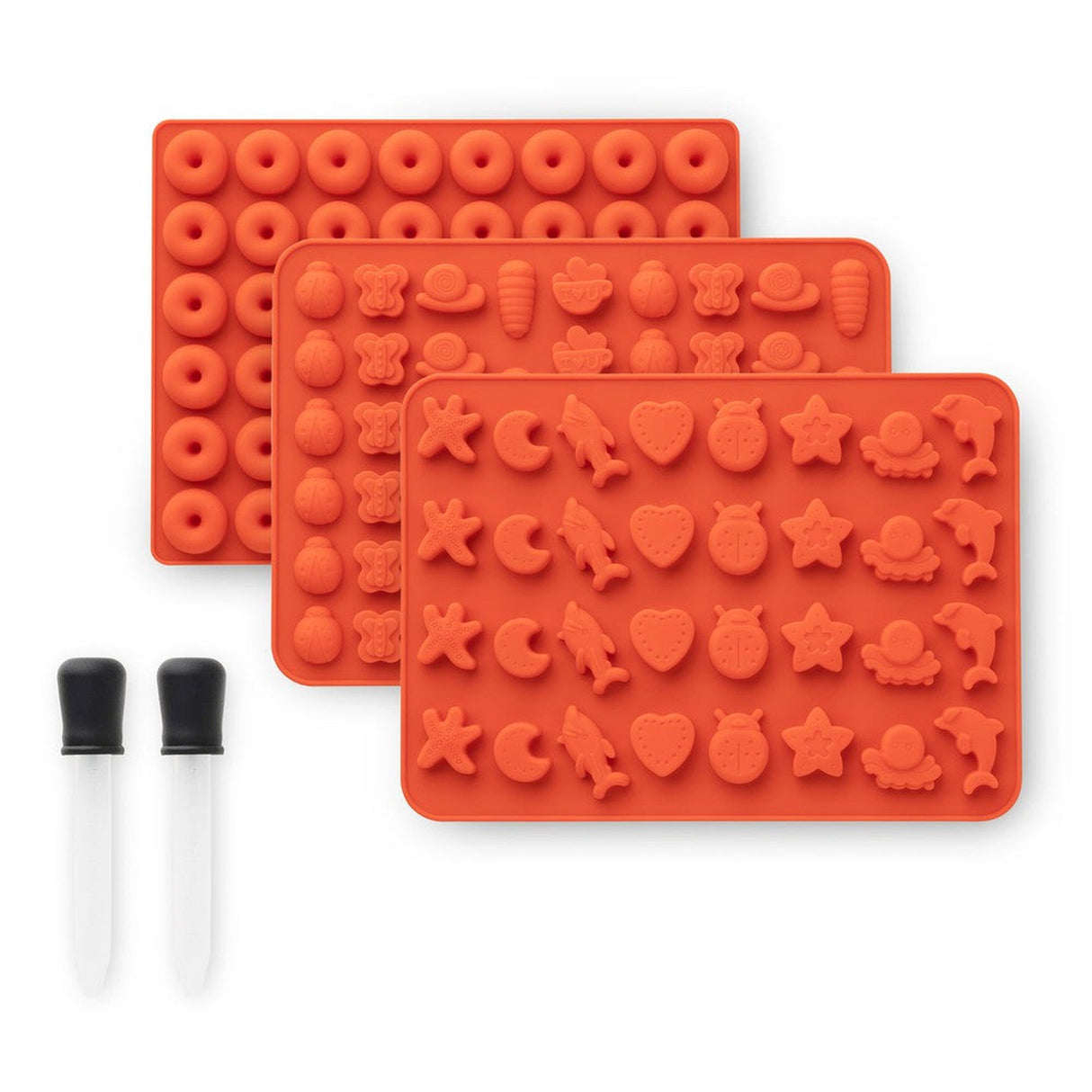 Silicone Gummy Molds & Dropper Kit - Set of 3 featuring various fun shapes and symbols. Includes droppers for easy filling and non-stick, flexible molds.