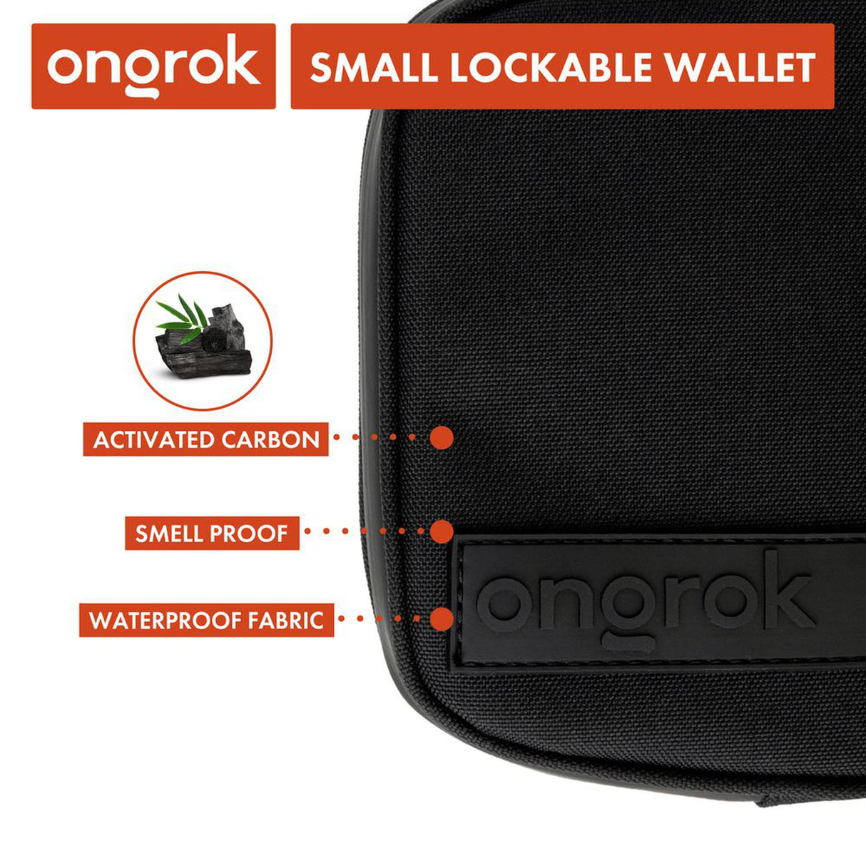 Smell Proof Water-Resistant Wallet with elastic webbing, compartments, and combo lock, showcasing its sleek black design and durable poly fabric material.