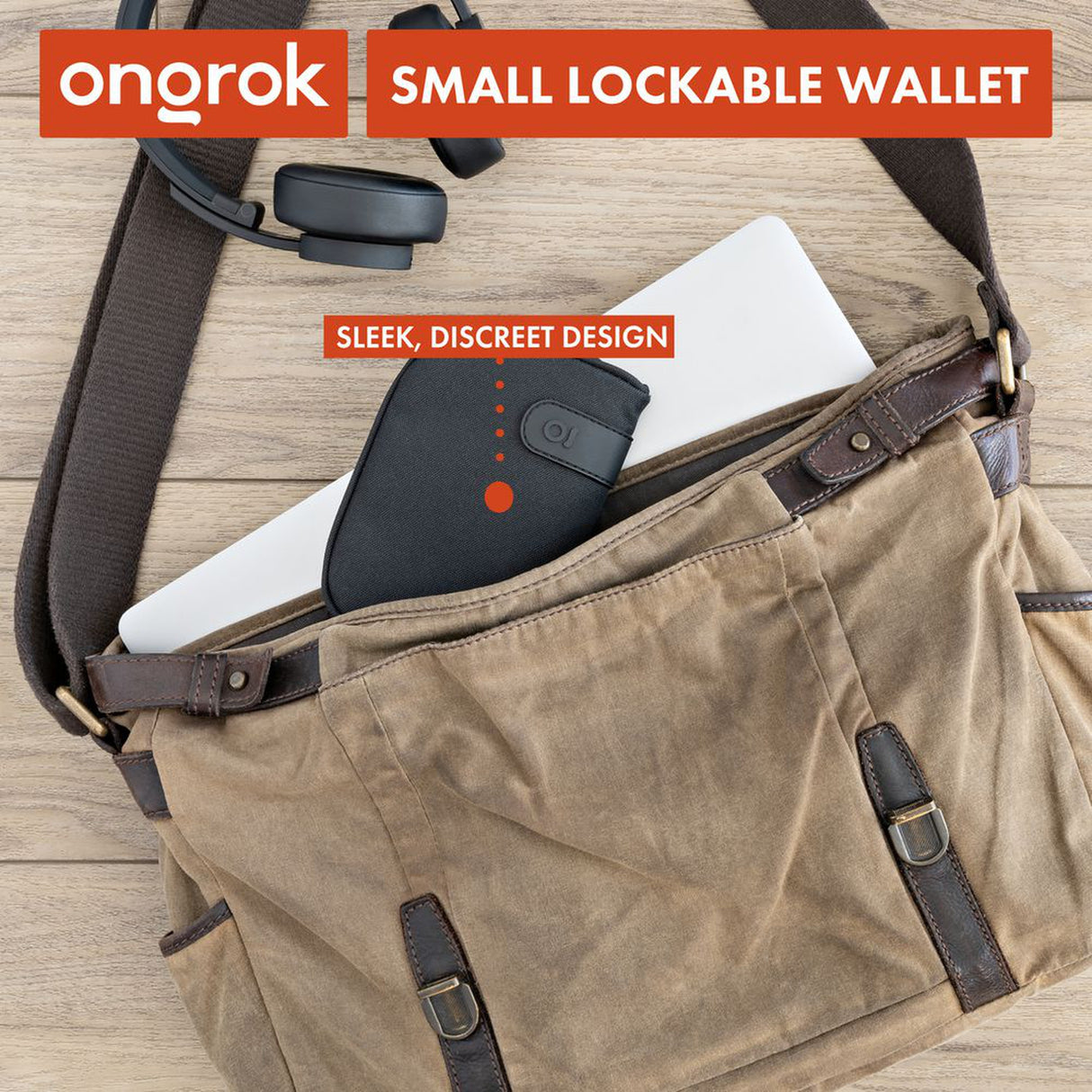 Smell Proof Water-Resistant Wallet with a laptop, headphones, and wallet inside; features elastic compartments, waterproof zipper, and combo lock for secure organization.