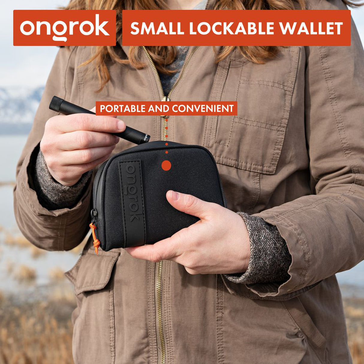 Woman holding a Smell Proof Water-Resistant Wallet with a secure zipper and elastic compartments, showcasing its compact design and durability.