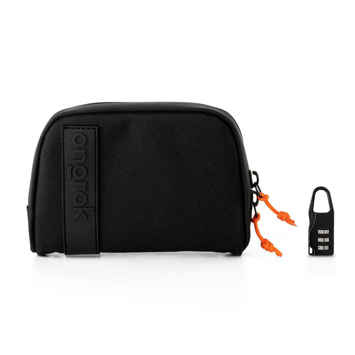 Smell Proof Water-Resistant Wallet with a secure combo lock, orange string and keychain, featuring a waterproof zipper and compartments for organized storage.