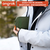 Person holding a Smell Proof Water-Resistant Wallet, showcasing its compact design with compartments, elastic webbing, and a secure combo lock for organized storage.