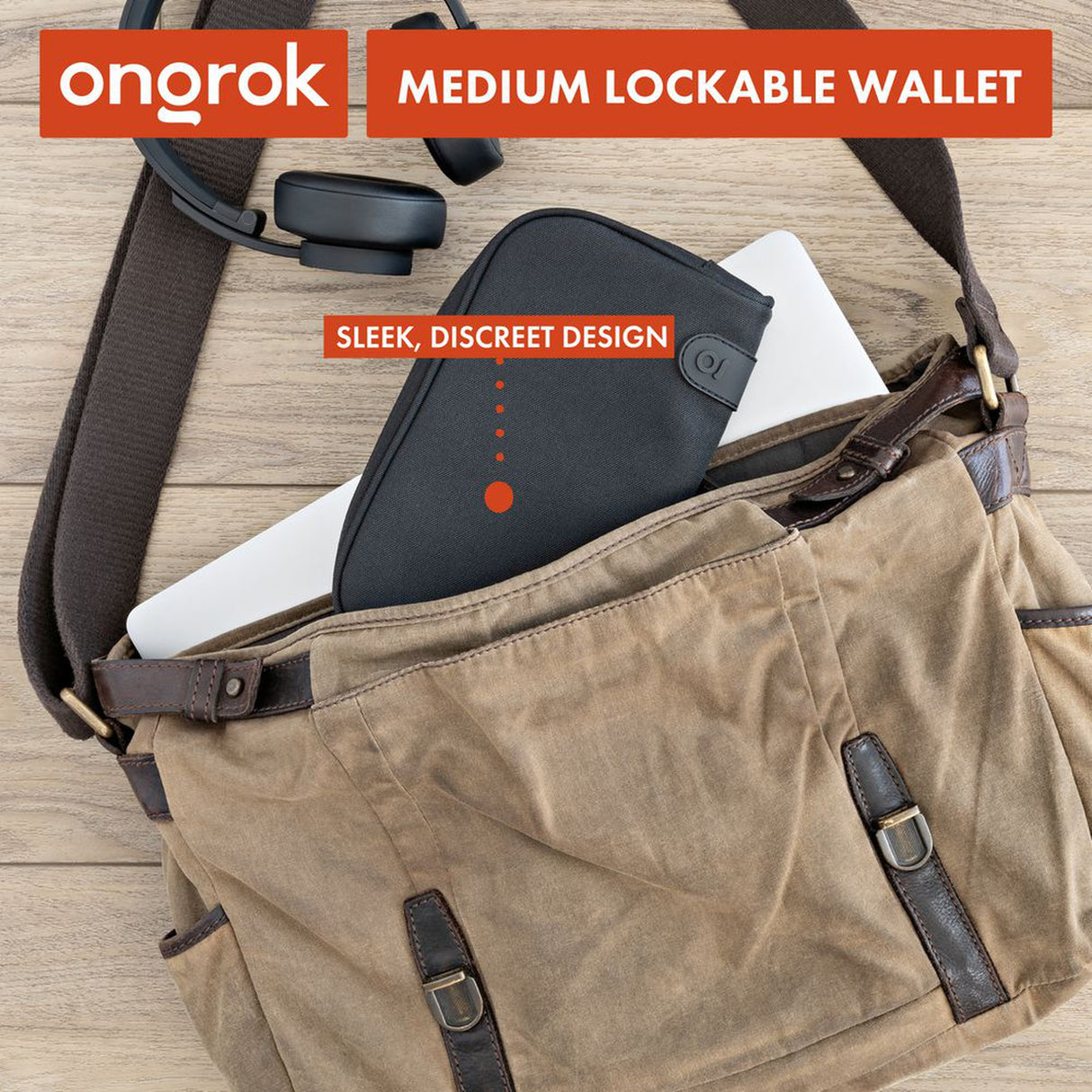 Smell Proof Water-Resistant Wallet shown with compartments for a laptop and phone, features a black case with red text and a secure leather strap.