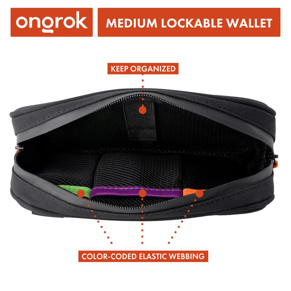 Smell Proof Water-Resistant Wallet with secure zipper and compartments, featuring elastic webbing and carbon lining for odor absorption and organization.