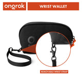 Smell Proof Water-Resistant Wrist Bag - Black with detachable strap, featuring red and white text, mesh pocket, and elastic webbing for organized storage.