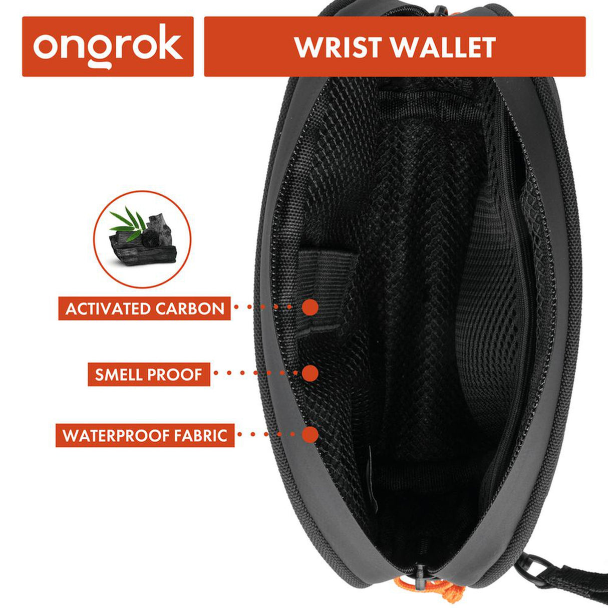 Smell Proof Water-Resistant Wrist Bag - Black with red dots, featuring a black strap and storage pockets. Includes detachable wrist strap and combo lock.