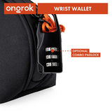 Close-up of a Smell Proof Water-Resistant Wrist Bag featuring a combination lock and a mesh pocket for organization.