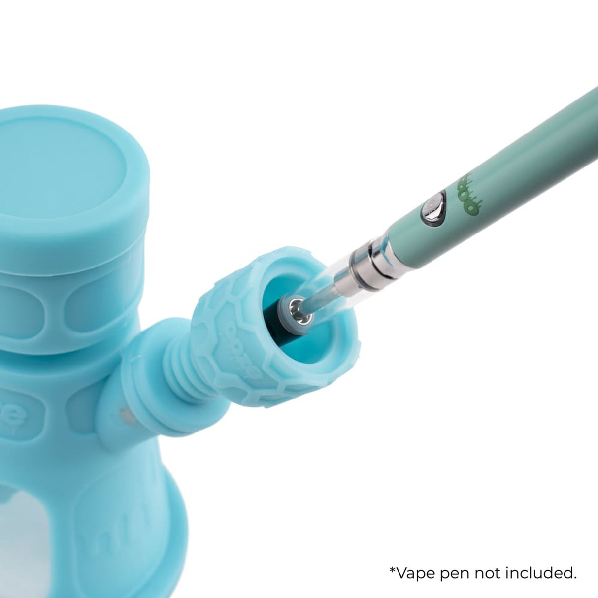 Close-up of the 6.5 Hyborg Silicone Bong, Dab Rig & Dab Straw, showcasing its sturdy glass water chamber and silicone band for versatile smoking functions.