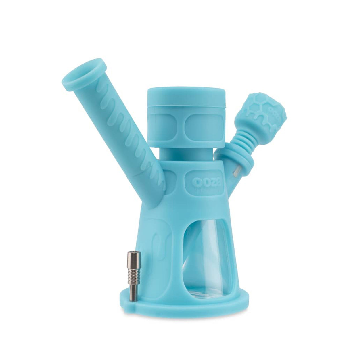 6.5 Hyborg Silicone Bong, Dab Rig & Dab Straw with a robust glass water chamber, silicone band, versatile attachments, and dab storage container.