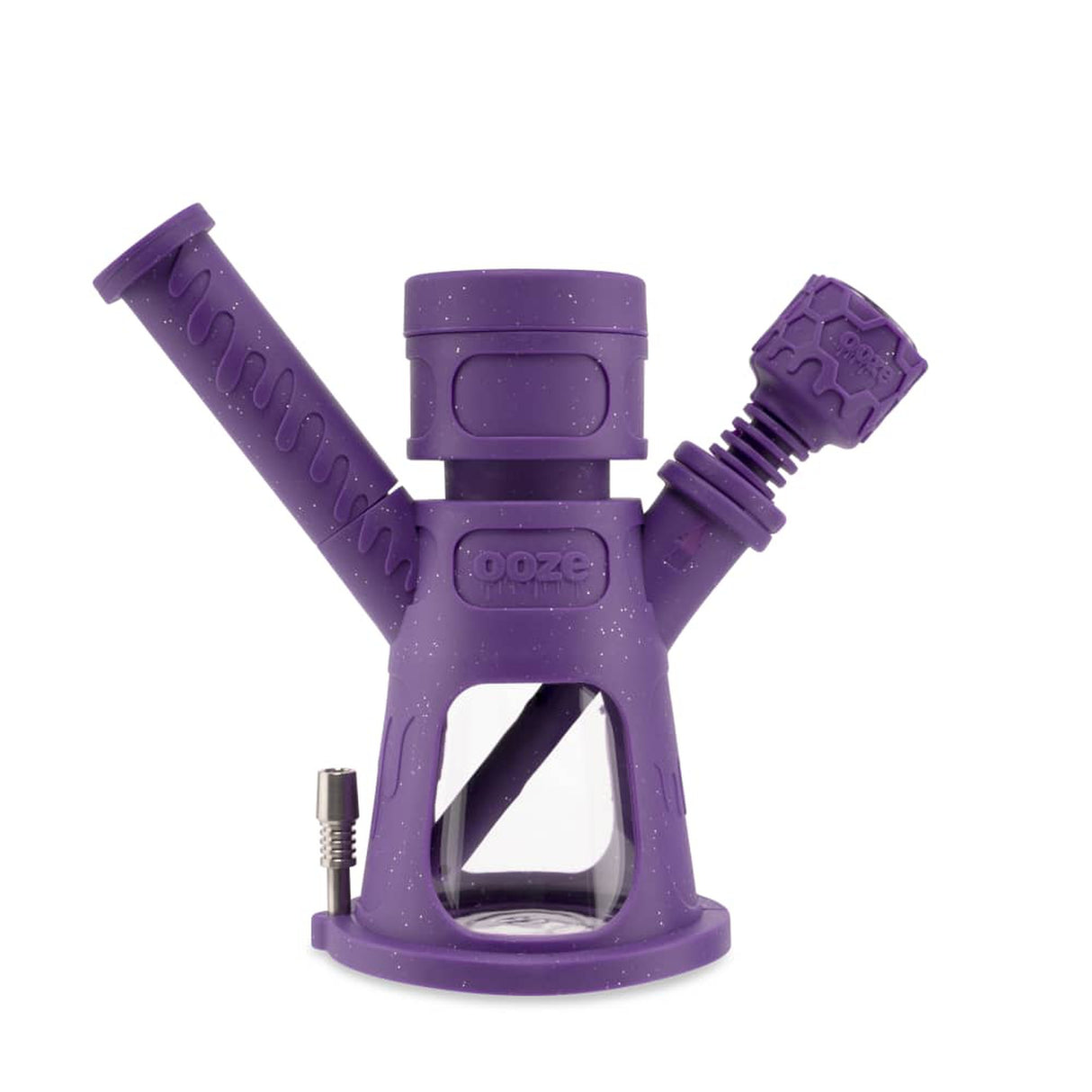 6.5 Hyborg Silicone Bong, Dab Rig & Dab Straw with a clear tube, purple handlebar, and glass chamber, showcasing versatile attachments for multiple smoking functions.