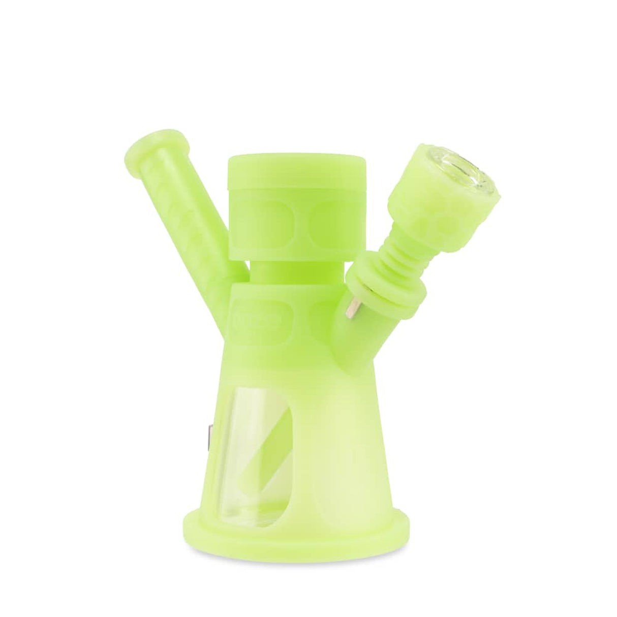 6.5 Hyborg Silicone Bong, Dab Rig & Dab Straw with multiple attachments, featuring a glass water chamber and silicone base for versatile smoking options.