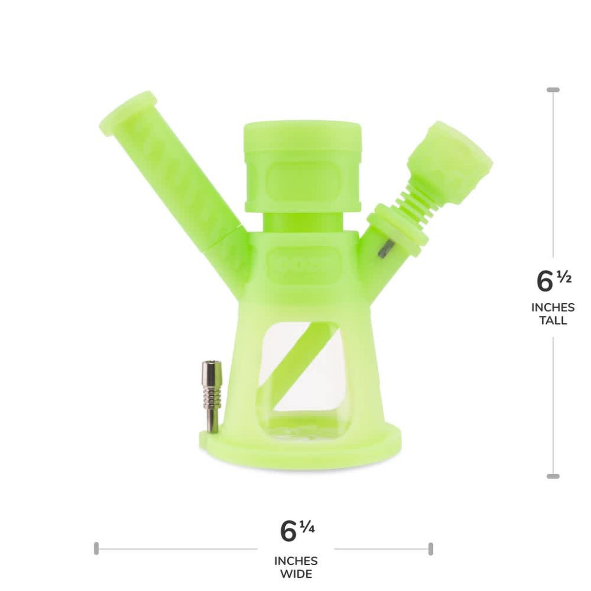 6.5 Hyborg Silicone Bong, Dab Rig & Dab Straw, featuring a glass water chamber, silicone band, and metal-tipped green pipe with versatile attachments for multiple smoking functions.