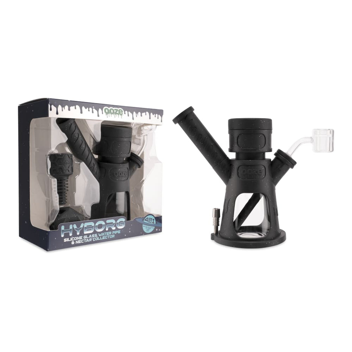 6.5 Hyborg Silicone Bong, Dab Rig & Dab Straw in packaging, featuring a black silicone exterior with a clear glass tube and multiple detachable components.