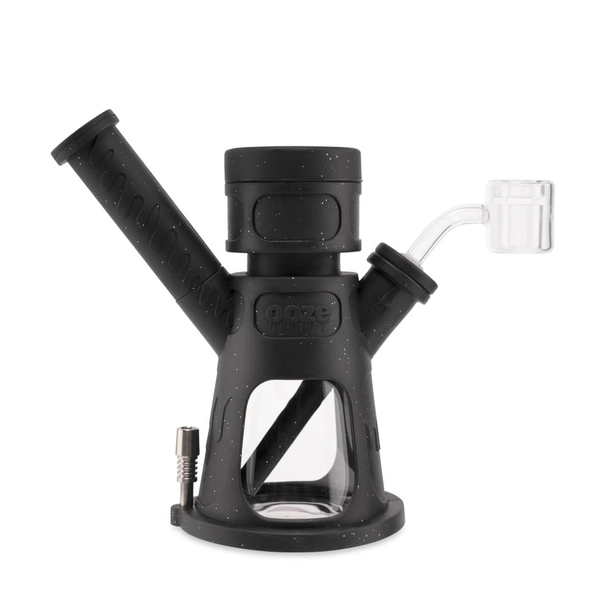 6.5 Hyborg Silicone Bong, Dab Rig & Dab Straw featuring a clear glass tube, sturdy black base, and versatile attachments for multiple smoking functions.