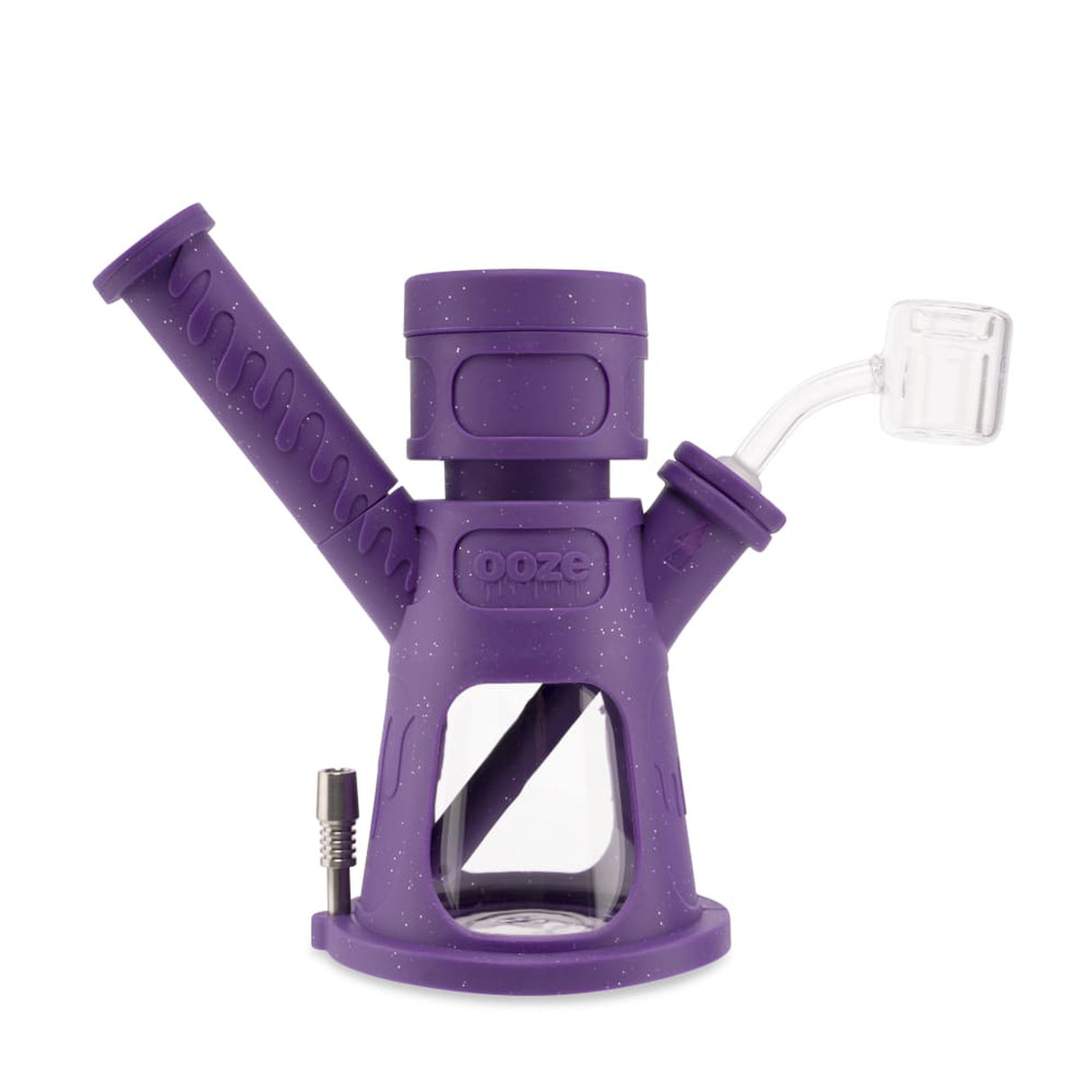 6.5 Hyborg Silicone Bong, Dab Rig & Dab Straw with glass chamber, purple silicone handle, nozzles, and attachments for versatile smoking functions.