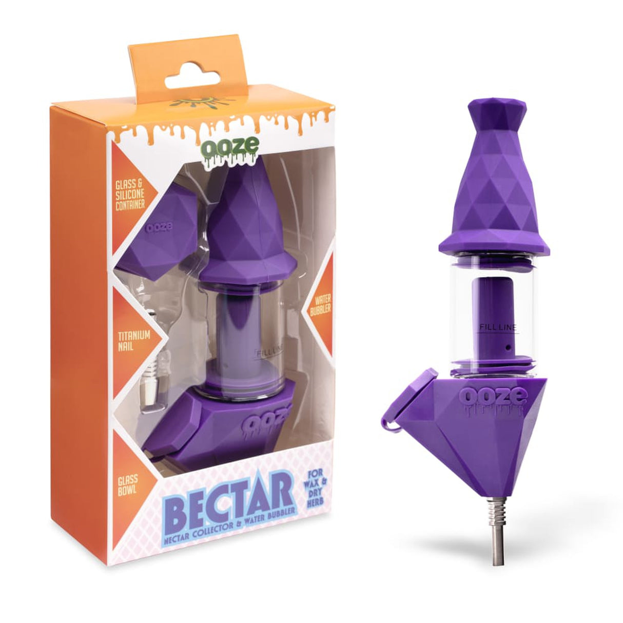 Bectar Silicone Bubbler & Dab Straw in packaging with visible geometric design, clear cylinder, and accessories, showcasing its dual-functionality for flower and concentrates.