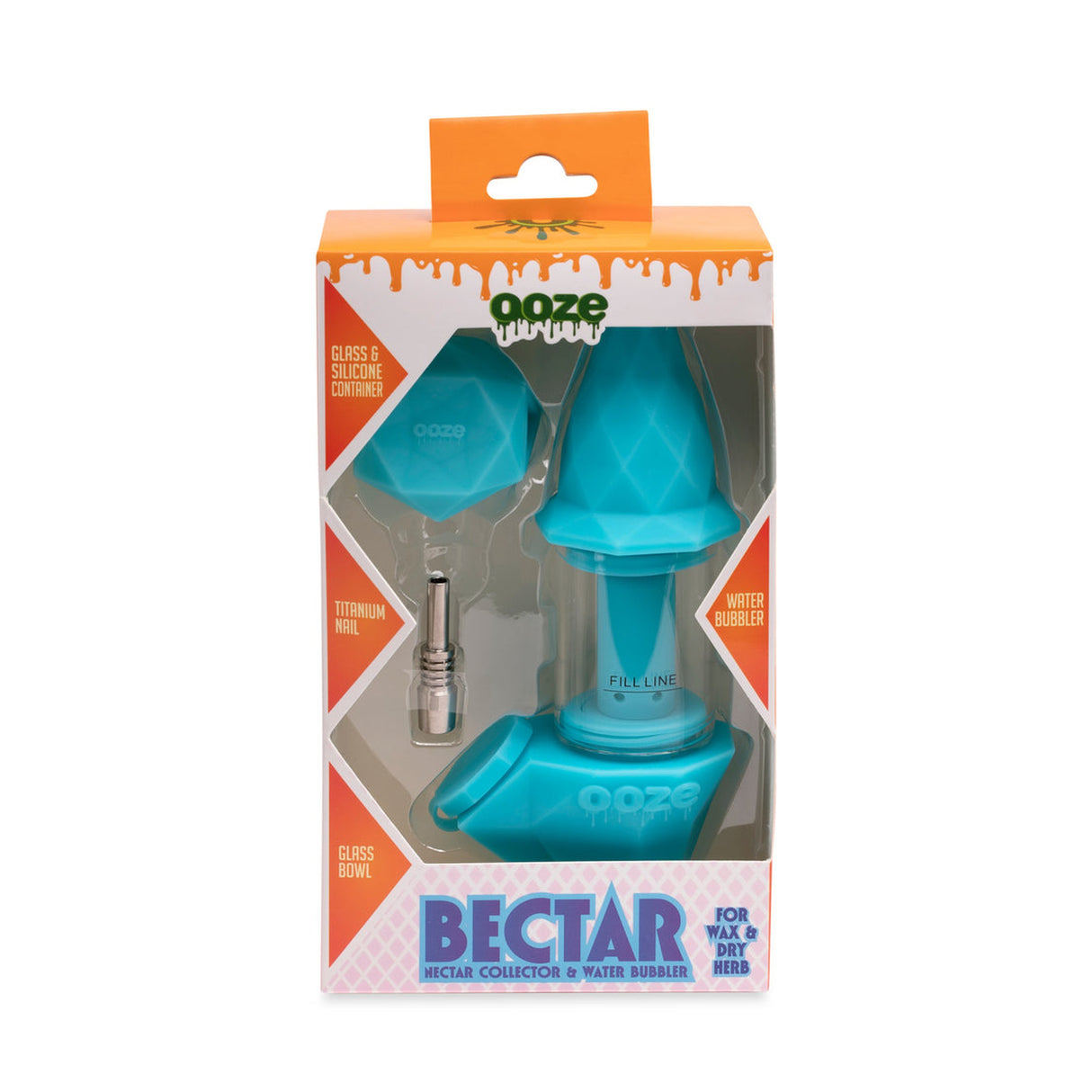 Bectar Silicone Bubbler & Dab Straw, featuring a blue plastic container with metal tip, packaged in a box with a visible logo and product contents.