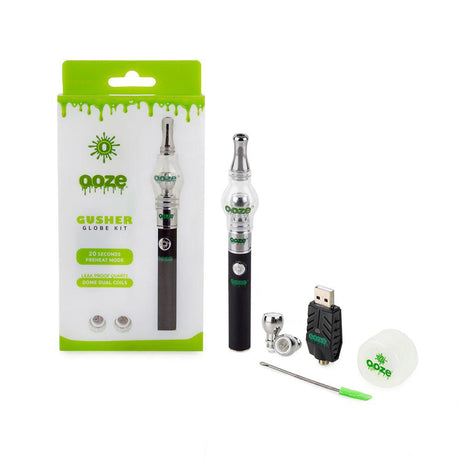 Gusher Glass Globe Vaporizer Kit close-up showing the vaporizer pen, globe attachment, glow-in-the-dark silicone container, and components designed for dabbing wax concentrates.