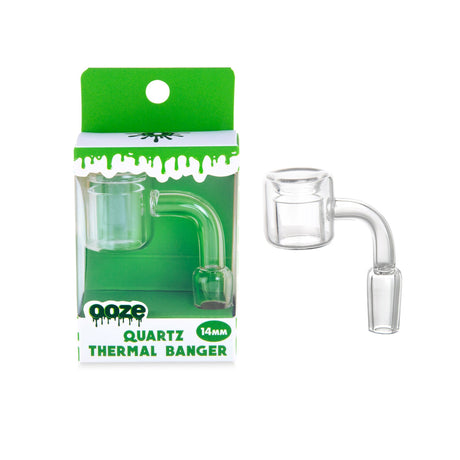 Male Thermal Banger 90 Degree (14mm) displayed with clear glass tube and green box, showcasing quartz construction for even heating of concentrates.