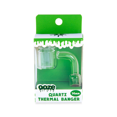 Male Thermal Banger 90 Degree (14mm) in a clear glass tube, packaged in a box, designed for even concentrate heating with a quartz inner cup.