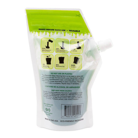 Resolution Gel Glass Cleaner - Green (240 ml) in a clear plastic bag with a green label, designed for effective, non-toxic cleaning of glassware.