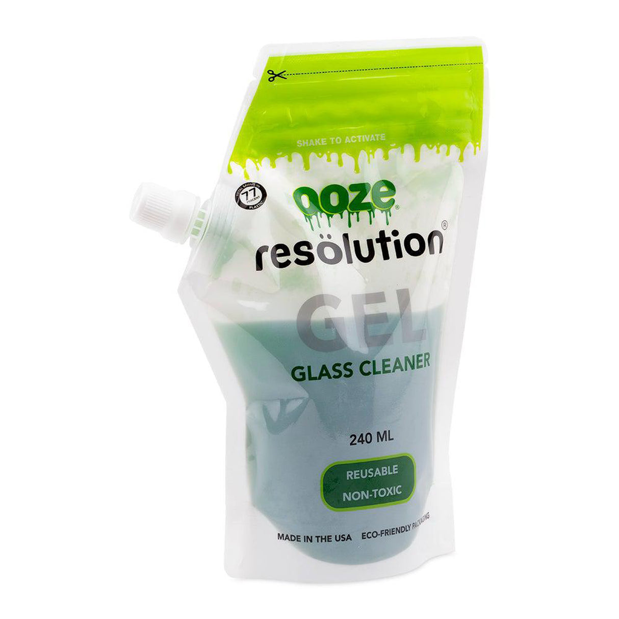 Resolution Gel Glass Cleaner - Green (240 ml) in a clear plastic bag with a green and white label, featuring vibrant green gel for effective glass cleaning.