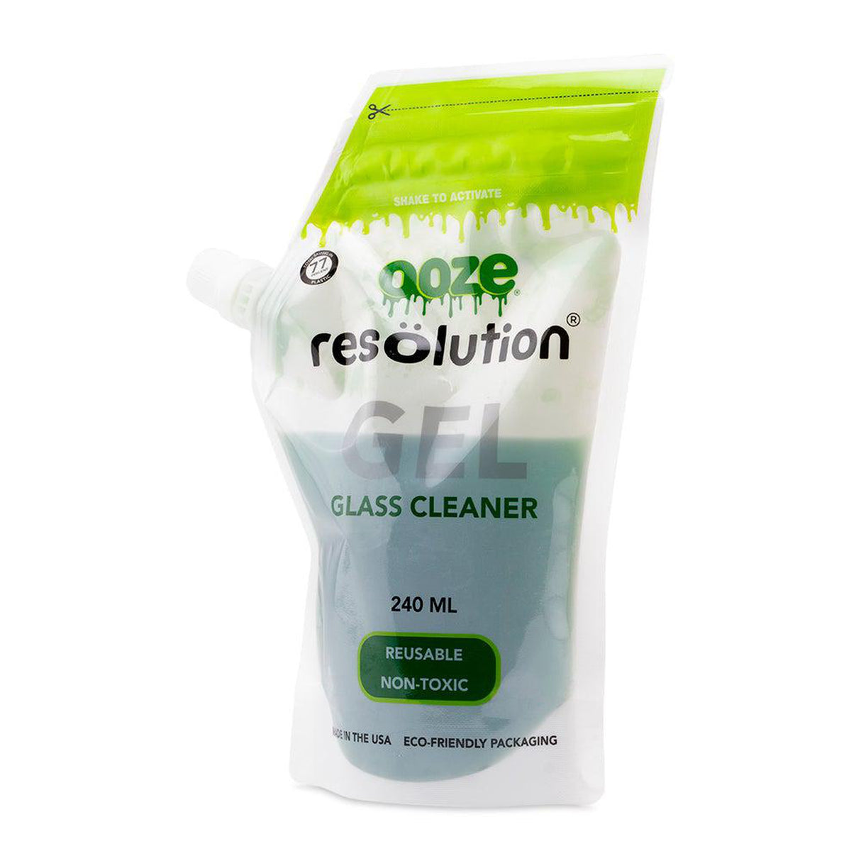 Resolution Gel Glass Cleaner - Green (240 ml) in a clear plastic bag with a green label, designed for non-toxic, effective cleaning of glassware.