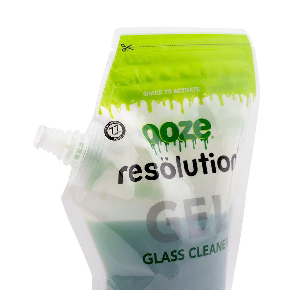 Resolution Gel Glass Cleaner - Green (240 ml) in a clear plastic pouch with green and white liquid, designed for effective, eco-friendly cleaning of glassware.