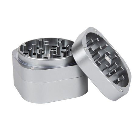 3pcs Aluminum 2.5 Grinder (Silver) showing its sleek metal construction, magnetic lid, ergonomic design, and precision holes for efficient herb grinding.