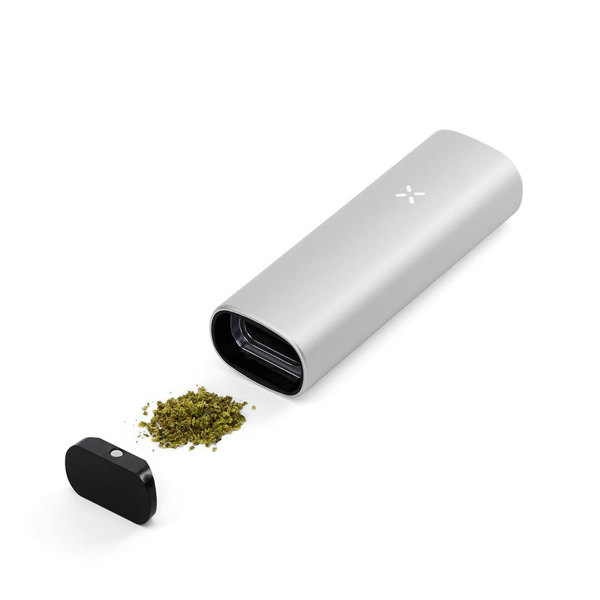 PAX Mini Dry Herb Vaporizer, a compact silver device with a green substance, featuring simple one-button operation and a magnetic oven lid for secure use.