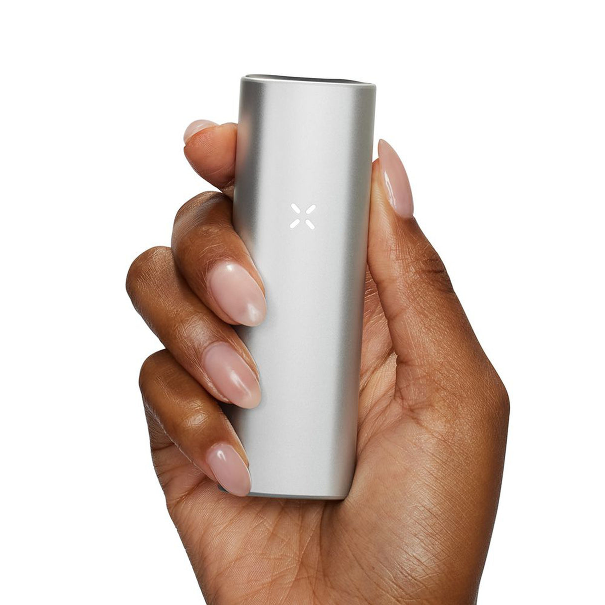 Hand holding PAX Mini Dry Herb Vaporizer, showcasing its compact, portable design with advanced technology for efficient heating and smooth vapor production.