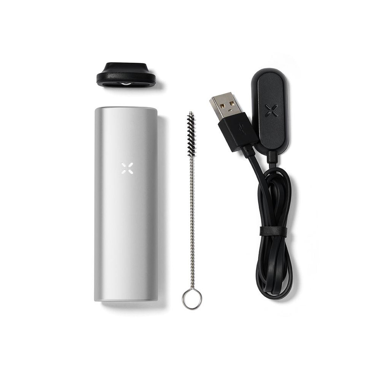 PAX Mini Dry Herb Vaporizer with silver tube, black cable, and accessories, designed for efficient heating and smooth vaping in a compact, portable form.