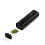 PAX Mini Dry Herb Vaporizer, a compact black device with a simple one-button operation, round button, and white X design for efficient vaping.