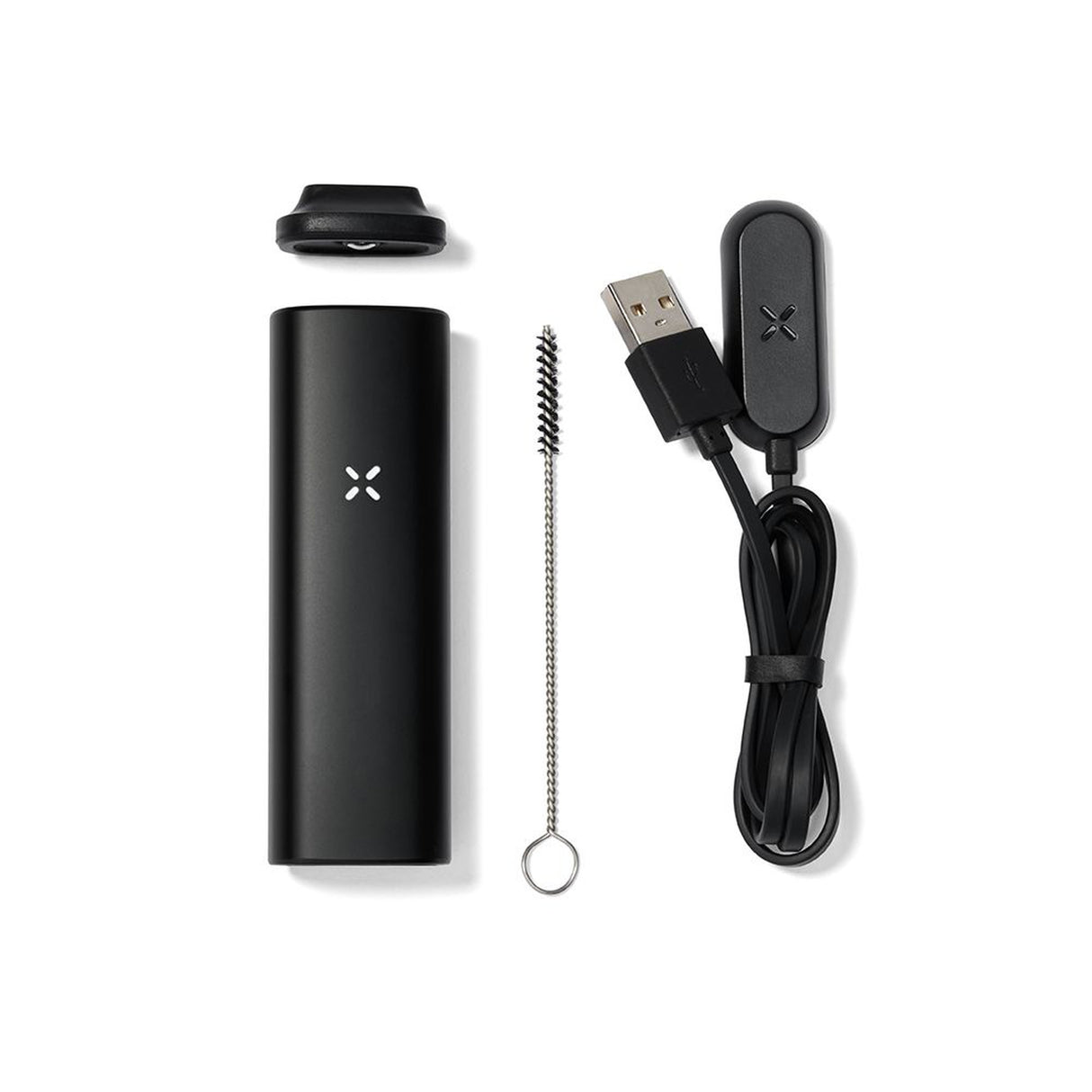 PAX Mini Dry Herb Vaporizer with cable, featuring compact design, magnetic oven lid, and one-button operation for efficient vaping experience.