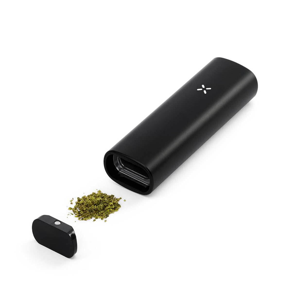 PAX Plus Dry Herb Vaporizer, a sleek black device with dual-use functionality, featuring a compact design with a white X and circular detail.