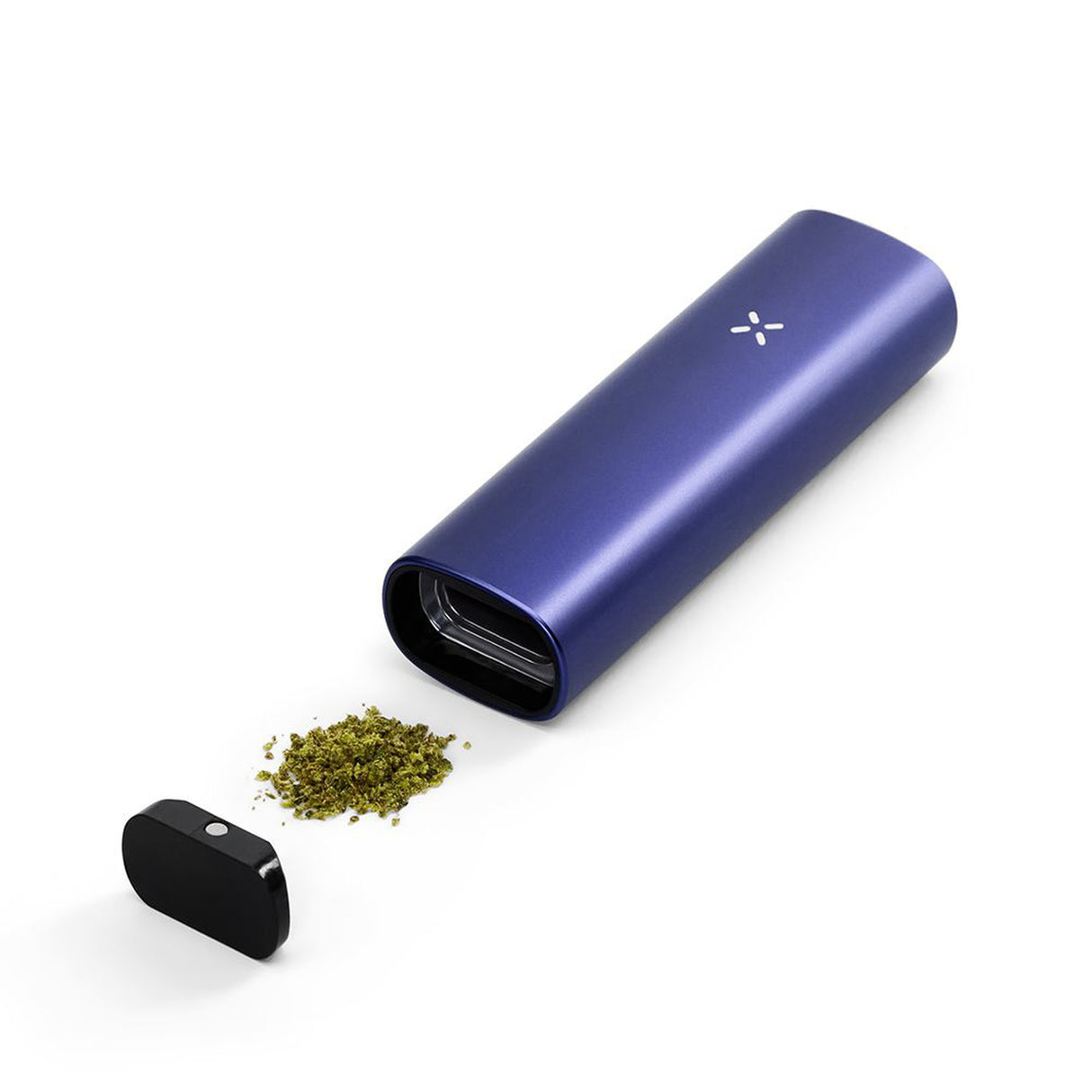 PAX Plus Dry Herb Vaporizer with a sleek design, featuring a white X on a blue body, accompanied by a black object with a silver button.