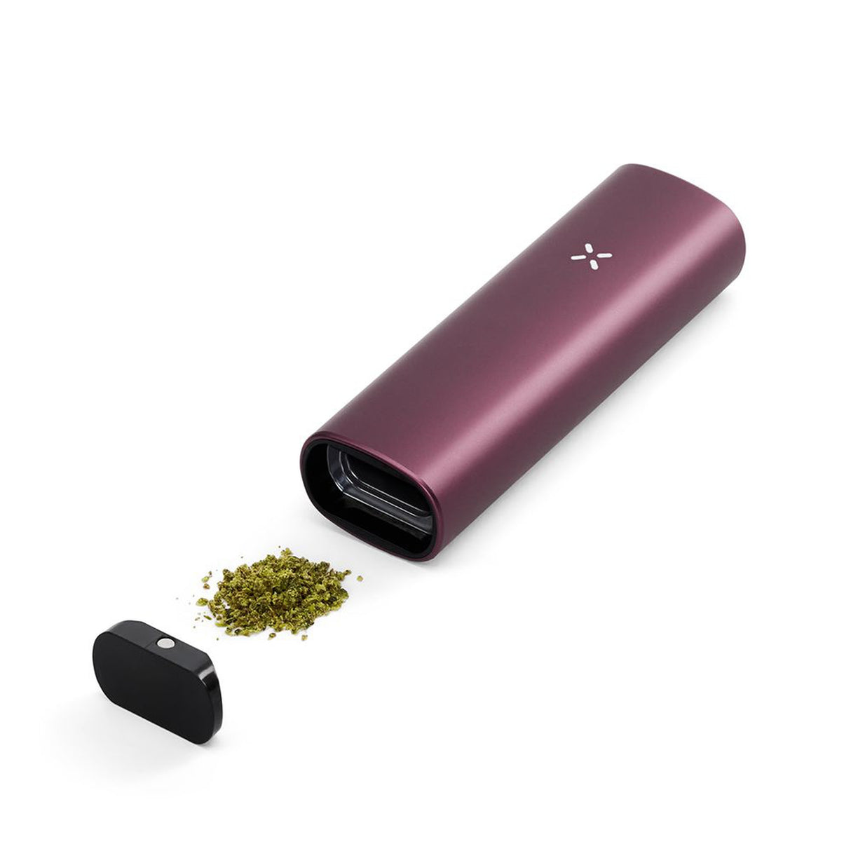 PAX Plus Dry Herb Vaporizer with a sleek design, featuring a white 'X' on its purple body, accompanied by a concentrate insert and round button.