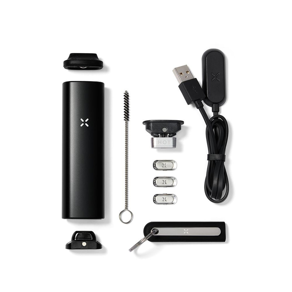 PAX Plus Dry Herb Vaporizer with a black cylindrical body, white label, and attached charging cable, highlighting its sleek design and functionality.