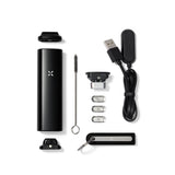 PAX Plus Dry Herb Vaporizer with a black cylindrical body, white label, and attached charging cable, highlighting its sleek design and functionality.