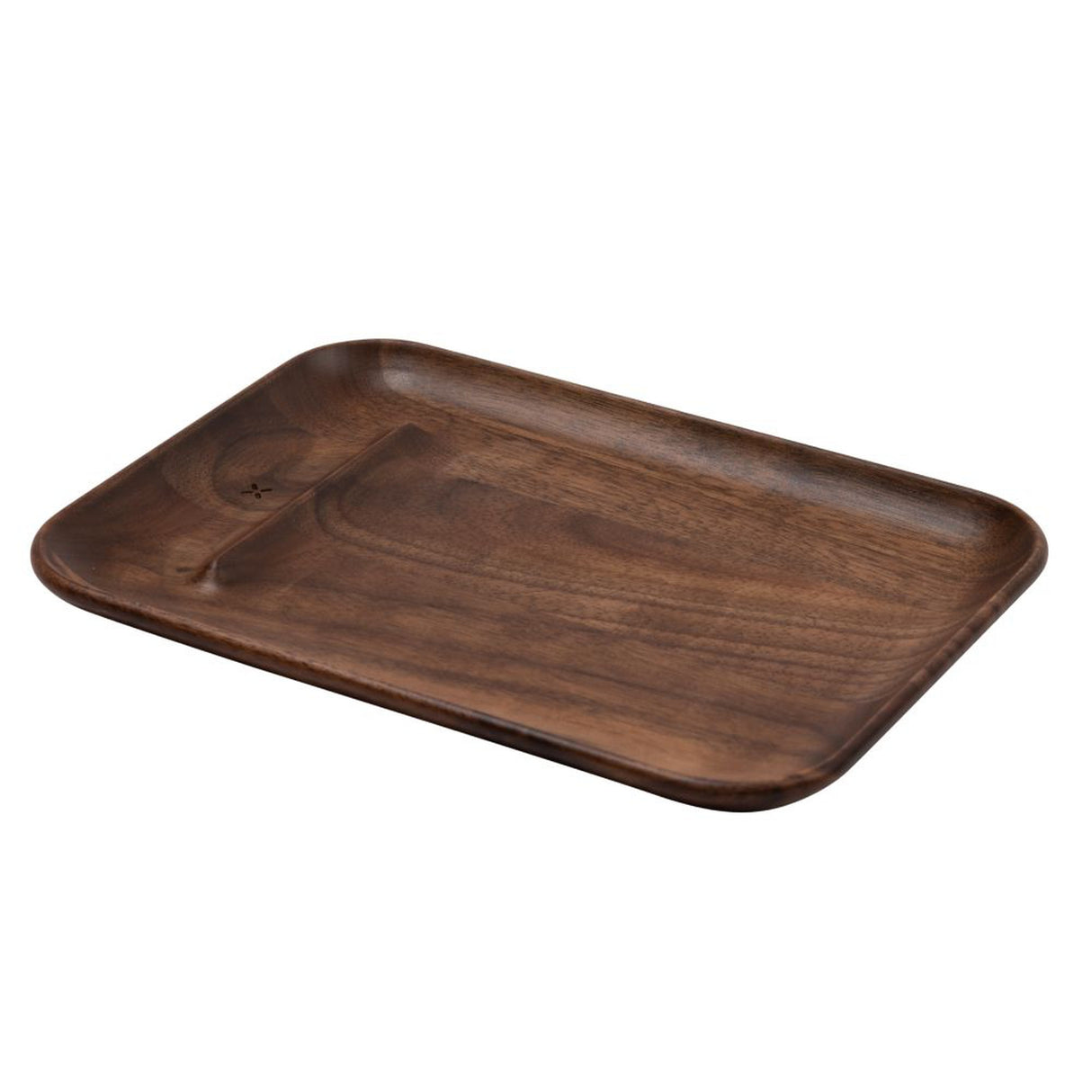 PAX Prep Tray (Walnut) with a smooth wooden finish, featuring a handle and dedicated space for a device, ideal for organizing materials.