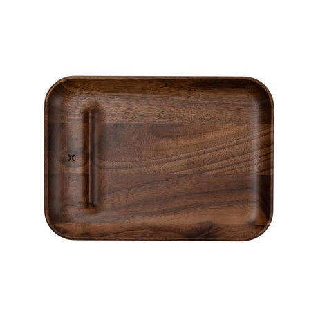 PAX Prep Tray (Walnut), a wooden tray with a handle, designed for organizing and rolling, featuring a smooth walnut finish and debossed X logo.