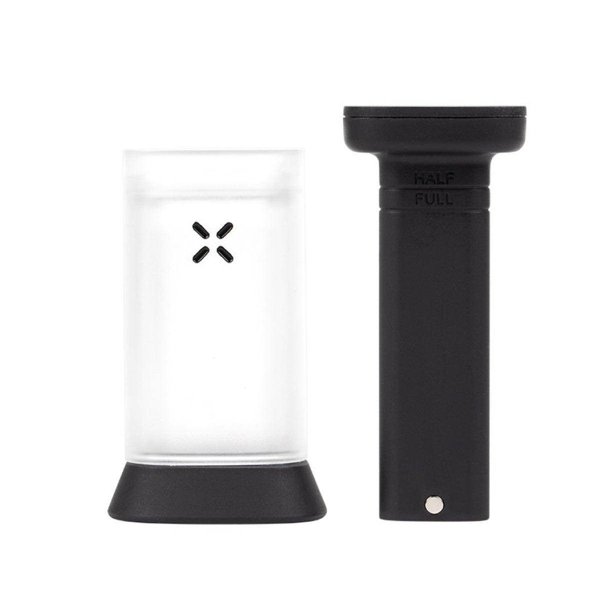 PAX Puck Press, a black cylindrical tool with a white lid, designed for pressing ground material into dense pucks for PAX devices.