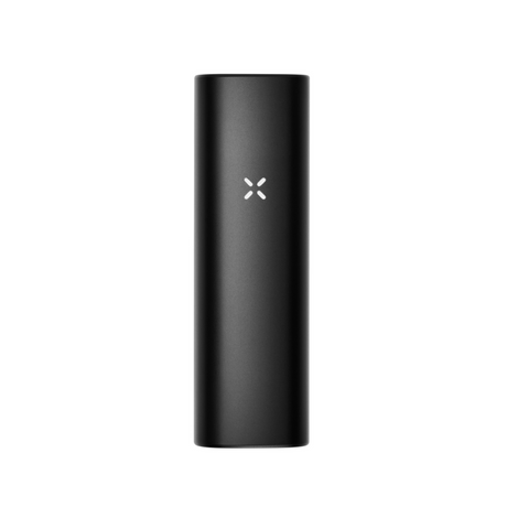 PAX Plus Dry Vaporizer Starter Kit featuring a sleek device with a prominent white X design, highlighting its compact form and essential accessories.