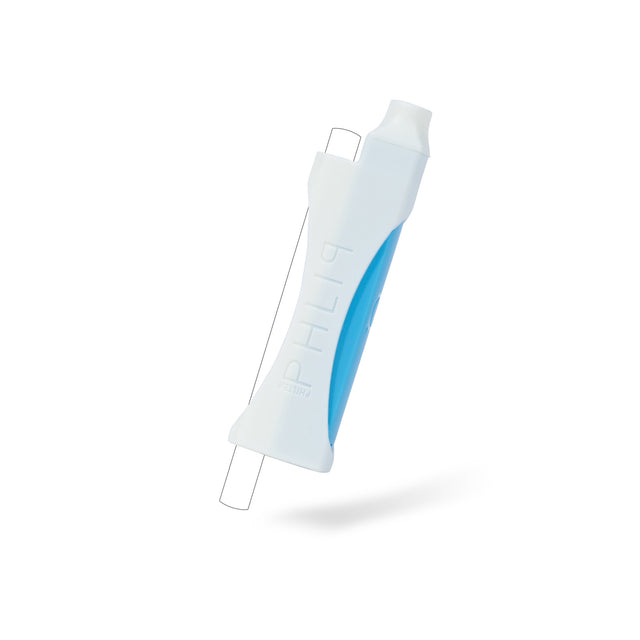 Phlip Vape Filter - Blue: A sleek, white and blue filtration accessory for vaporizers, featuring a silicone sleeve for discreet, smoke-free use.