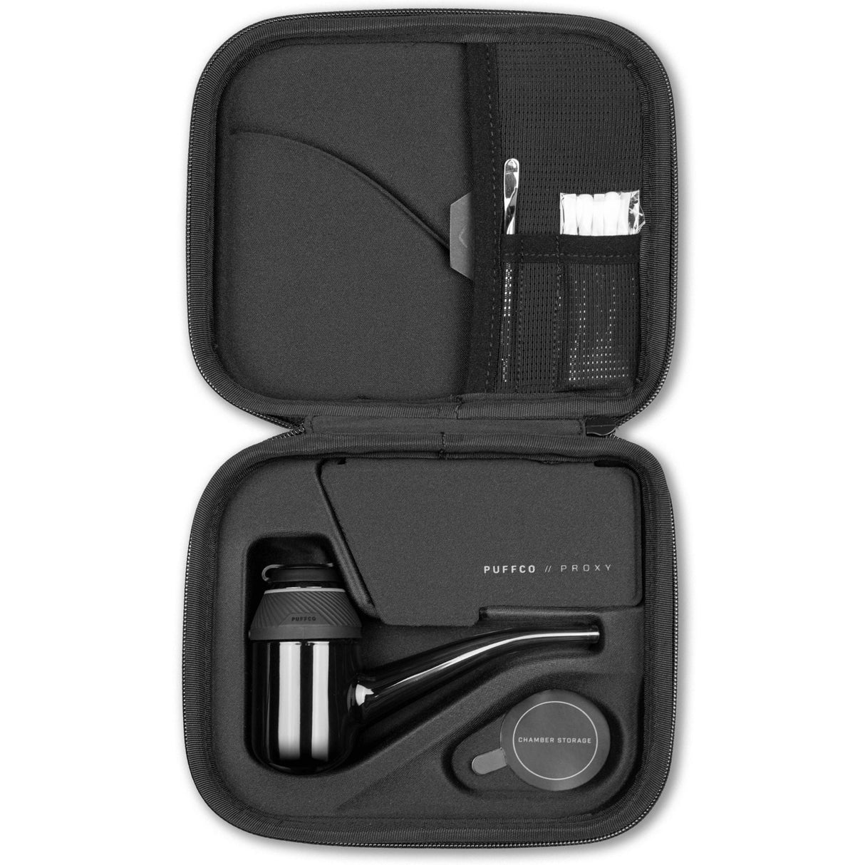 Proxy Concentrate Vaporizer - Black in a carrying case with a pipe, Oculus Carb Cap, USB-C cable, and additional tools for versatile concentrate sessions.