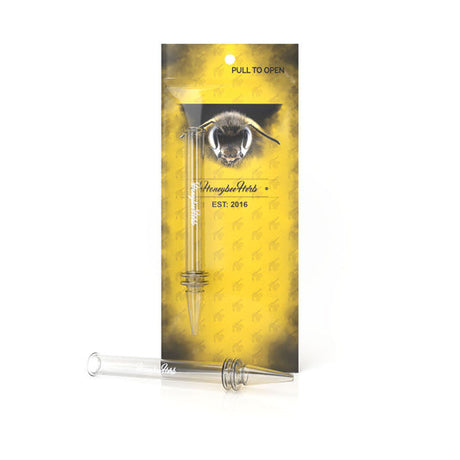 Quartz Dab Straw with clear tube and tip, featuring a laser-engraved Honeybee Herb symbol, designed for heat resistance and optimal dabbing performance.